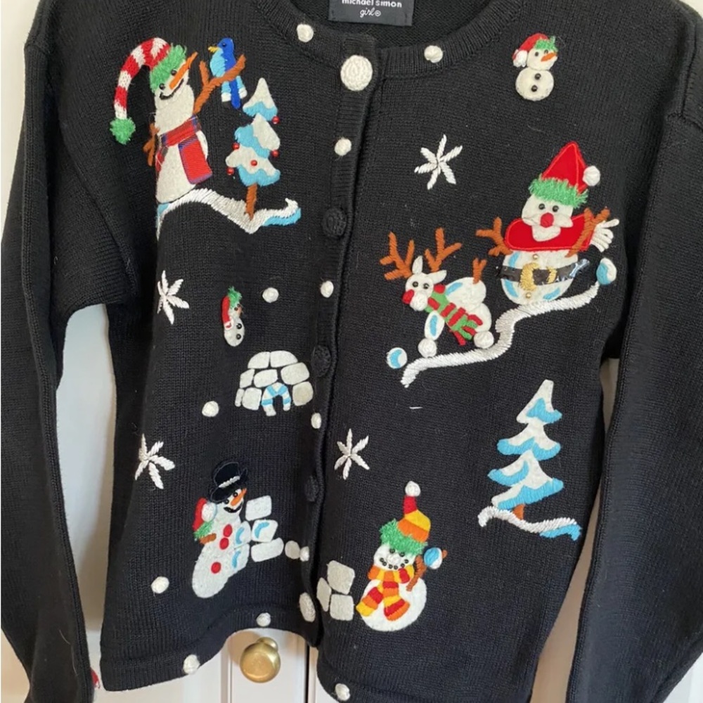 MICHAEL SIMON GIRL CHRISTMAS Holiday CARDIGAN SWEATER SNOWMAN~Size 10 - Picture 1 of 6